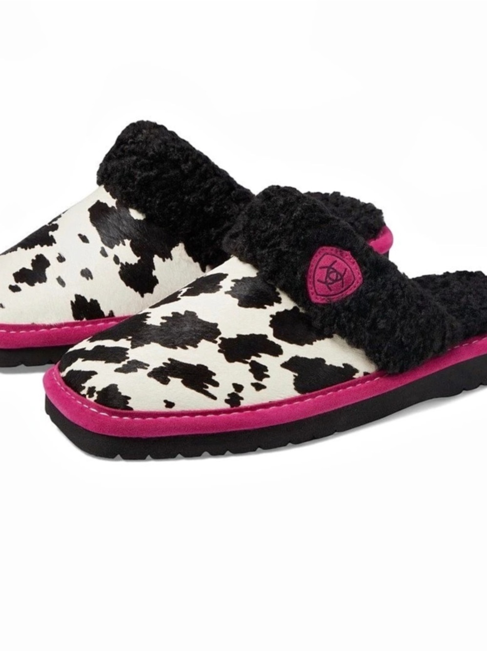 Ariat Ladies Jackie Pink Pony Cow Print Slippers US 6